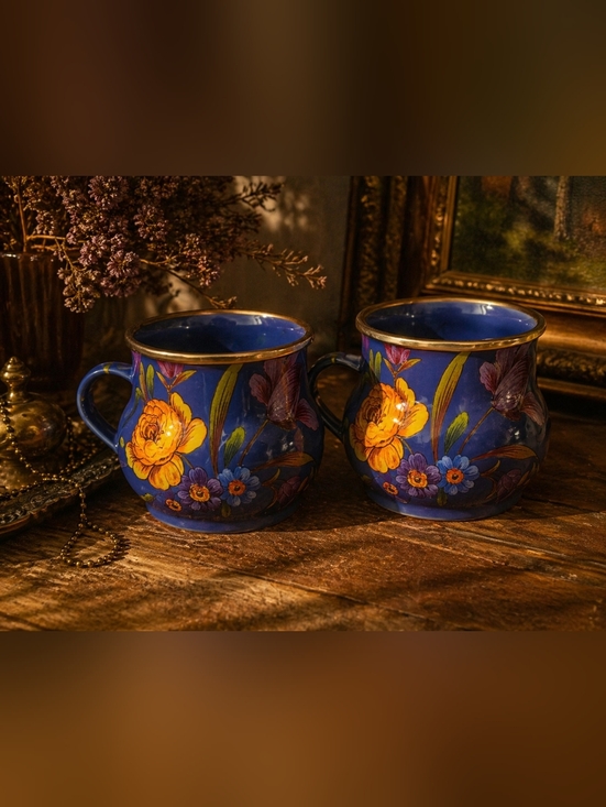 MacKenzie-Childs Other - MacKenzie-Childs Blue Flower Market Enamel Mugs Set of 2 Floral Cottagecore Coff